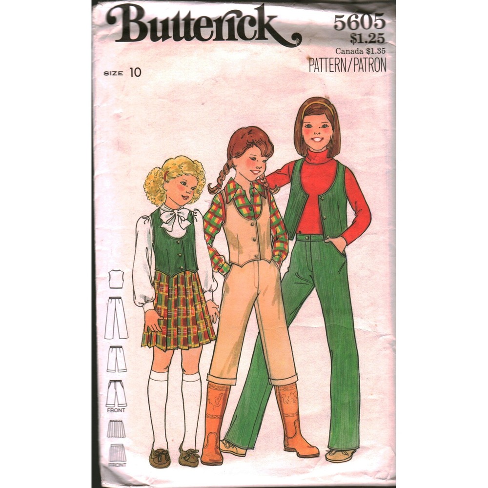 Vintage Butterick 5605 Girls Sewing Pattern Size 10 Vest Skirt Pants Shorts 70s
